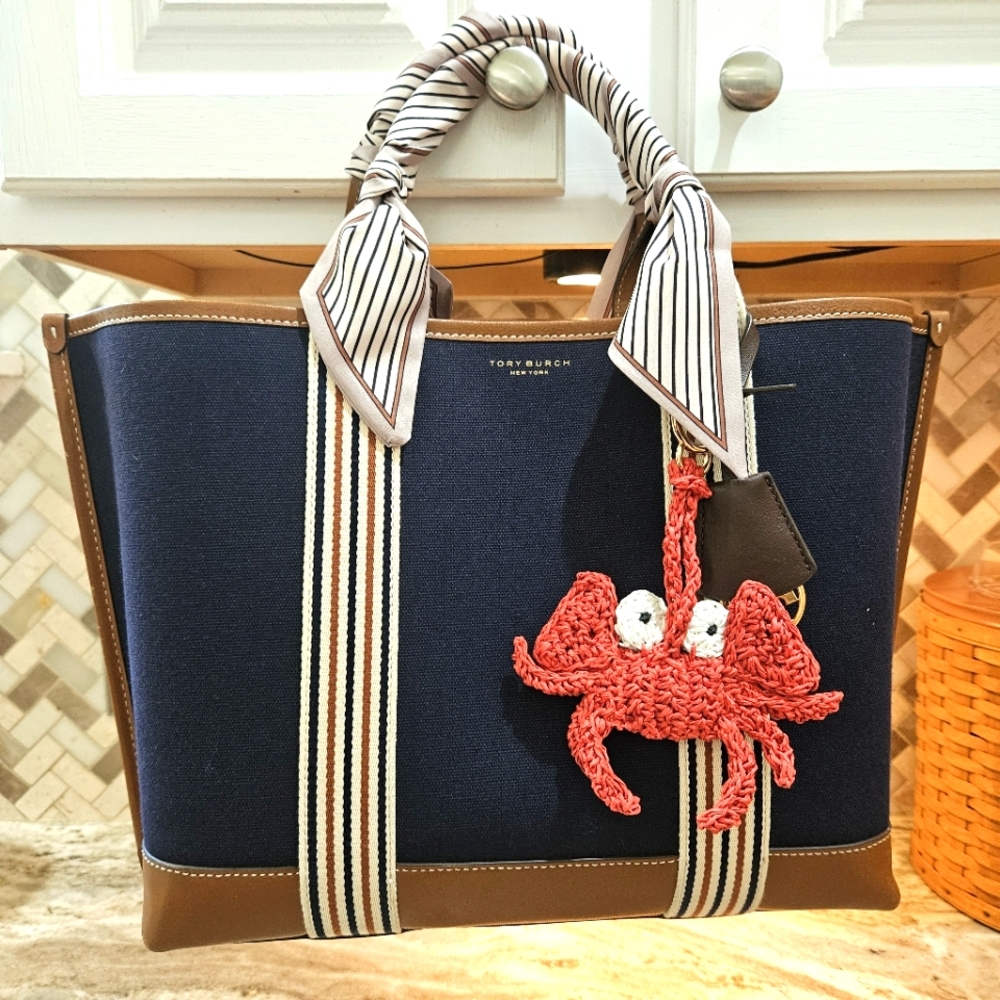 Tory Burch Perry multi stripe canvas triple compartment tote